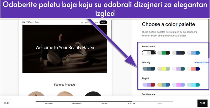 Squarespace Blueprint AI UI showing site color palettes
