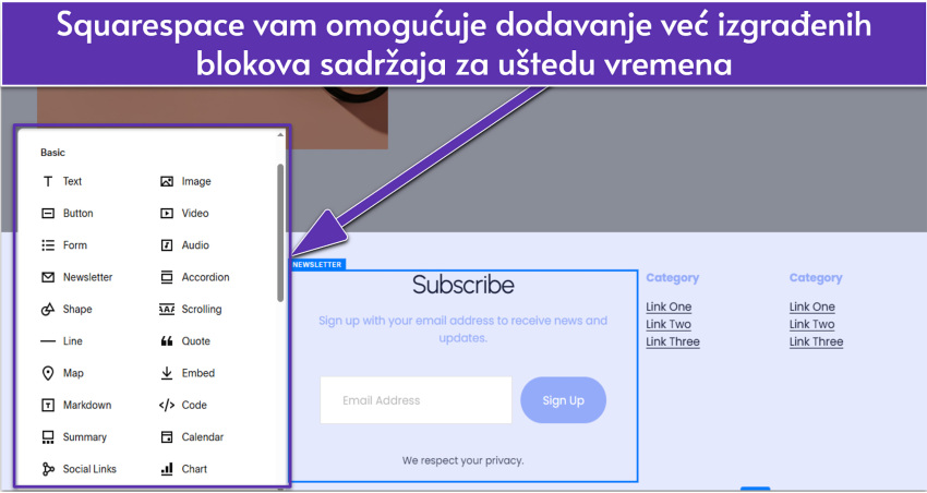 Squarespace editor showing a selection of basic content blocks