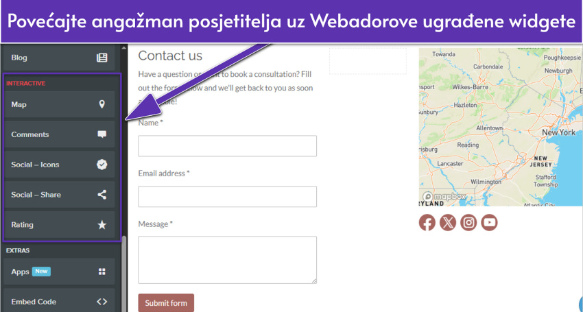 Webador editor showing a contact page with interactive widgets highlighted