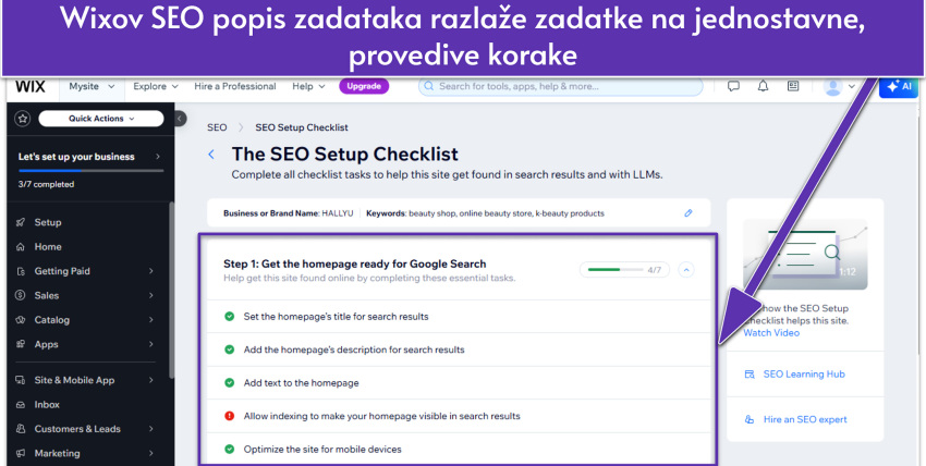 Wix dashboard showing SEO Setup Checklist with checklist tasks for homepage optimization
