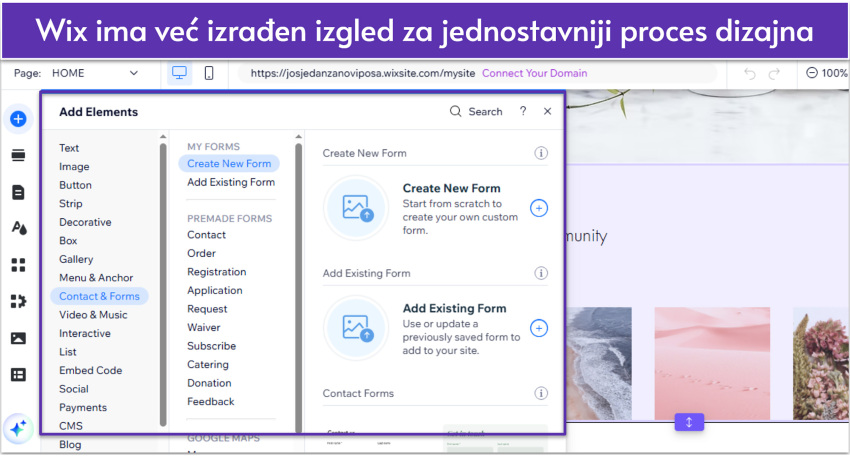 Wix editor showing a selection of site elements, focusing on contact form options