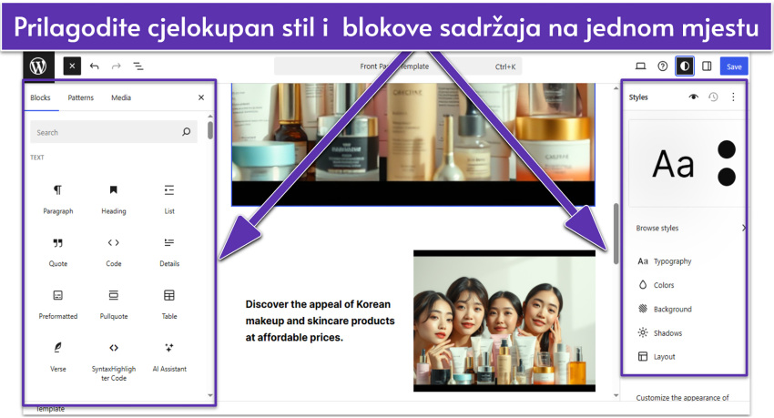 WordPress.com Site Editor with content blocks and Style settings opened
