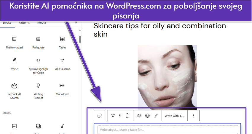 WordPress.com blog post UI showing content blocks with AI Assistant block selected