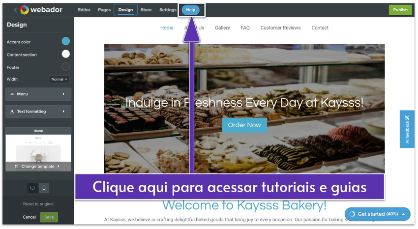 Webador's help option