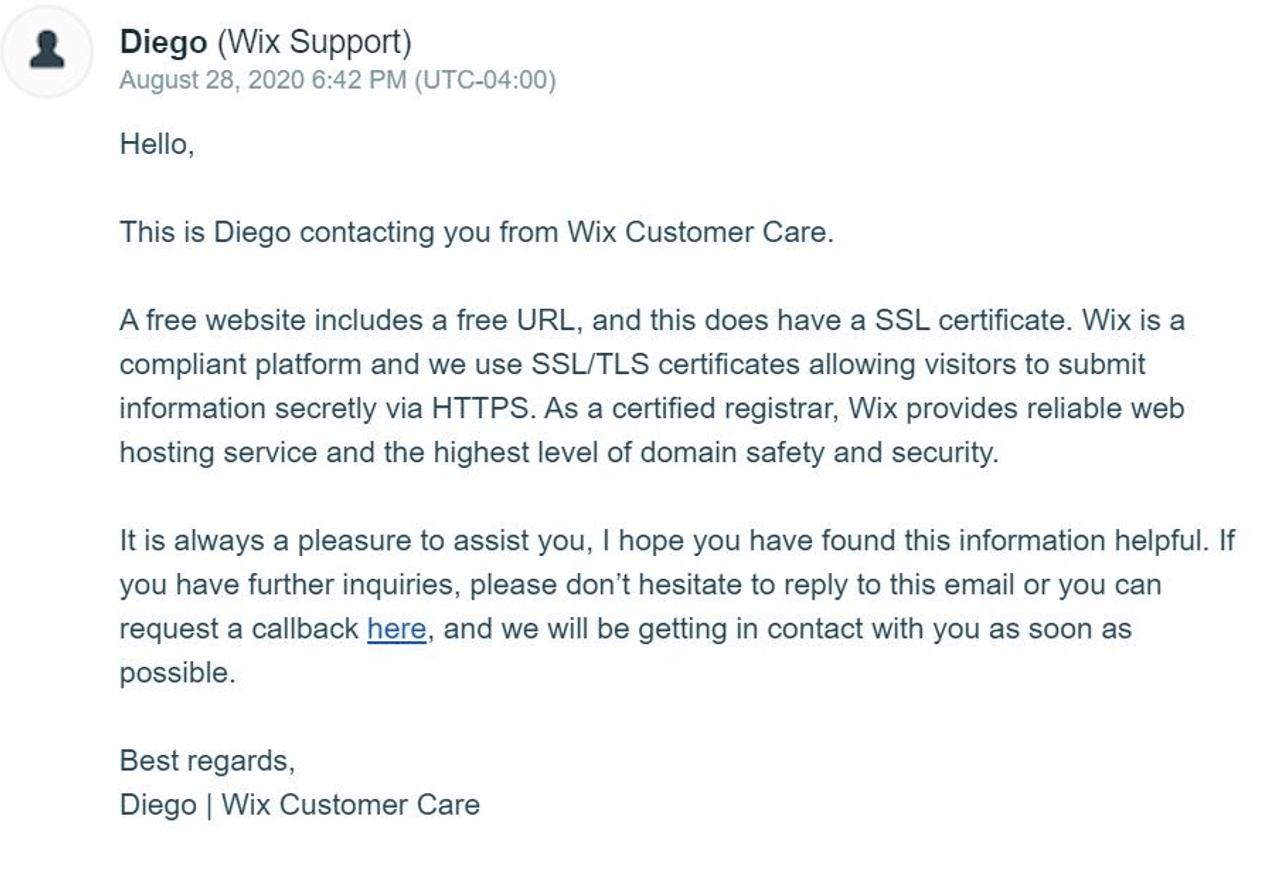 Wix customer support response