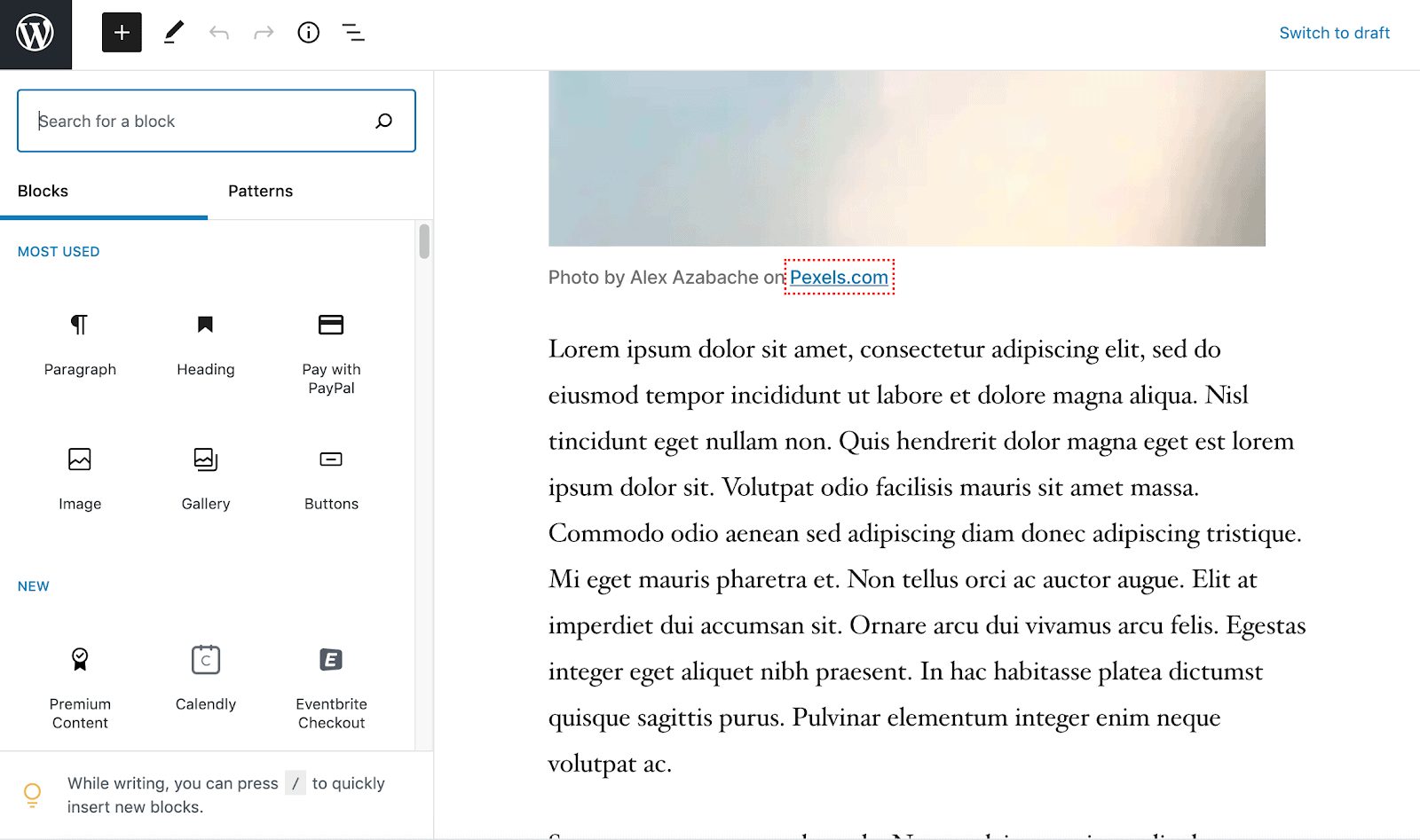 WordPress.com block editor for blog posts