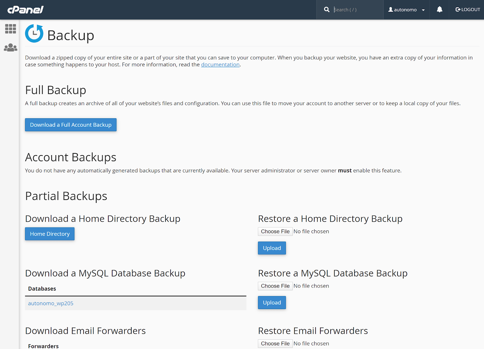 Backup management in cPanel