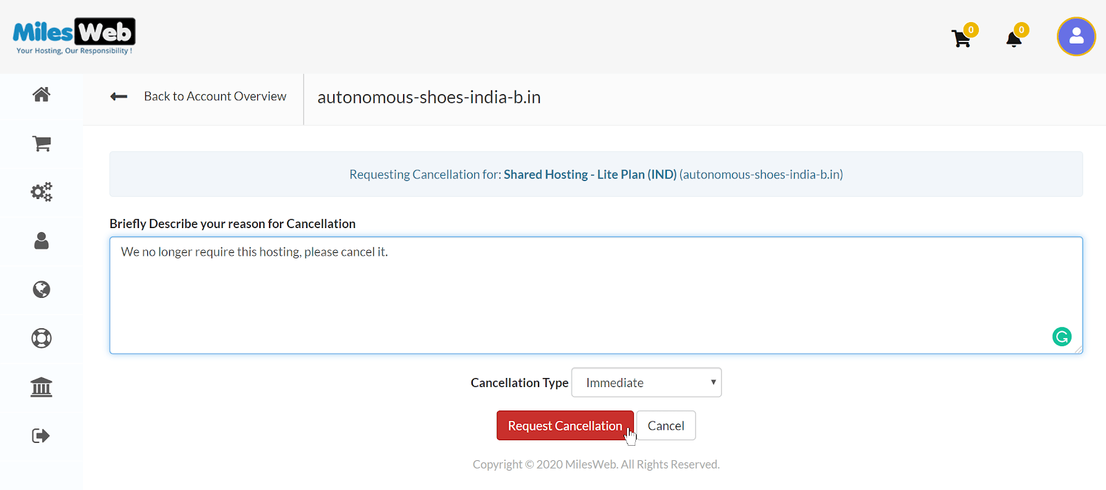 MilesWeb hosting cancellation form