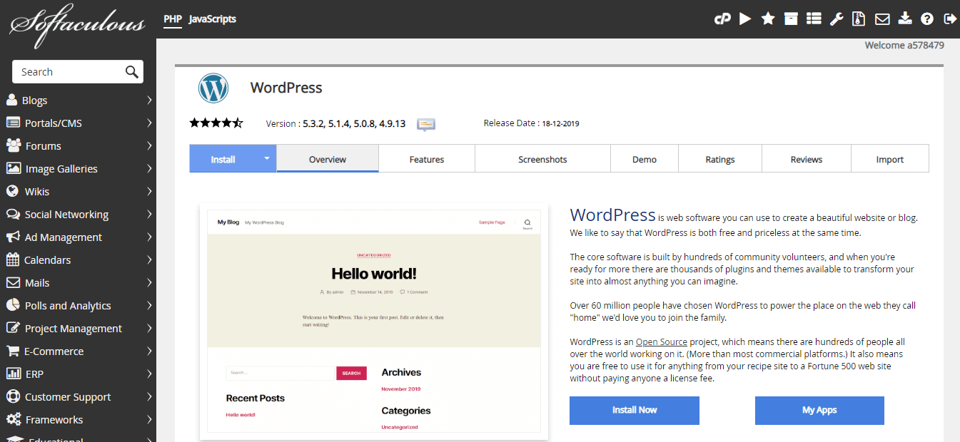 Softaculous WordPress install screen