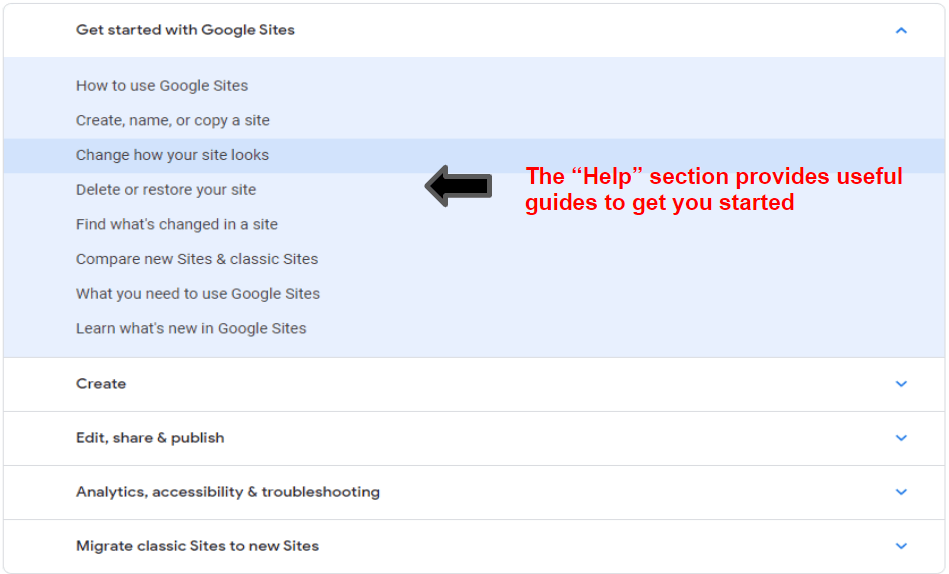 Google Sites Help Section