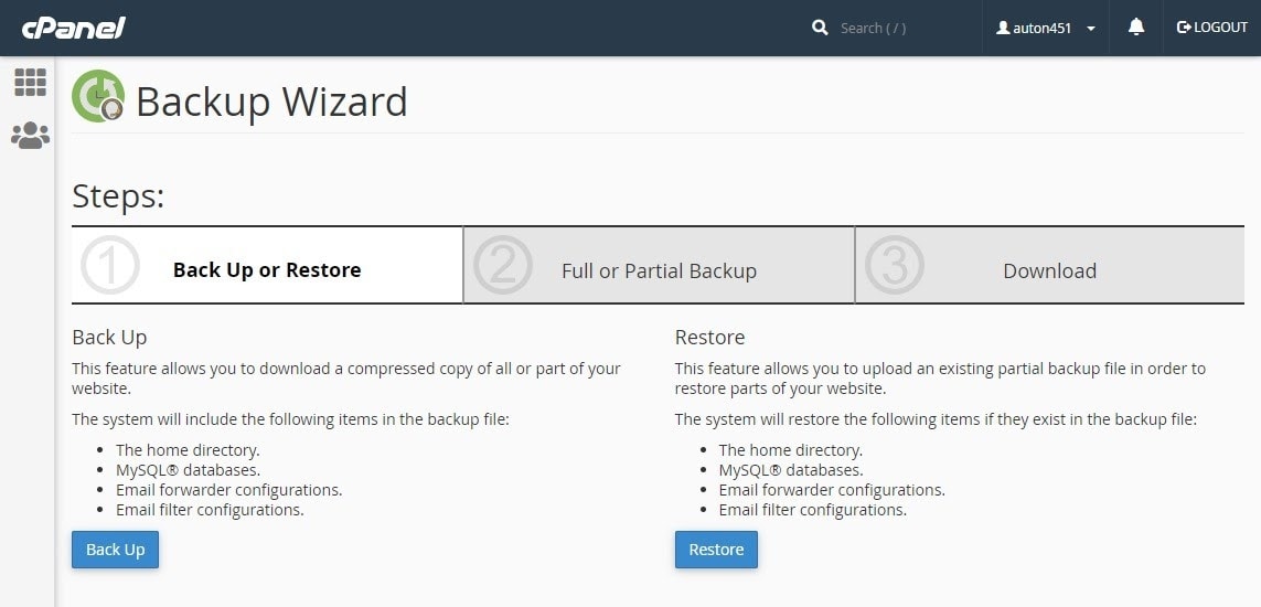 cPanel backup wizard