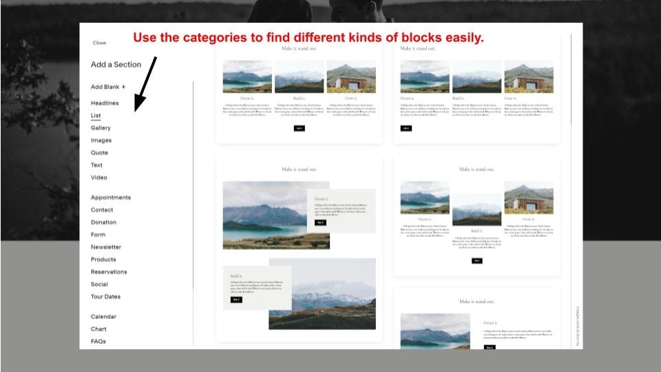 The UI for choosing blocks in Squarespace