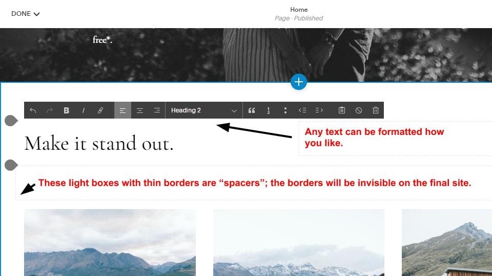 Squarespace text editing UI