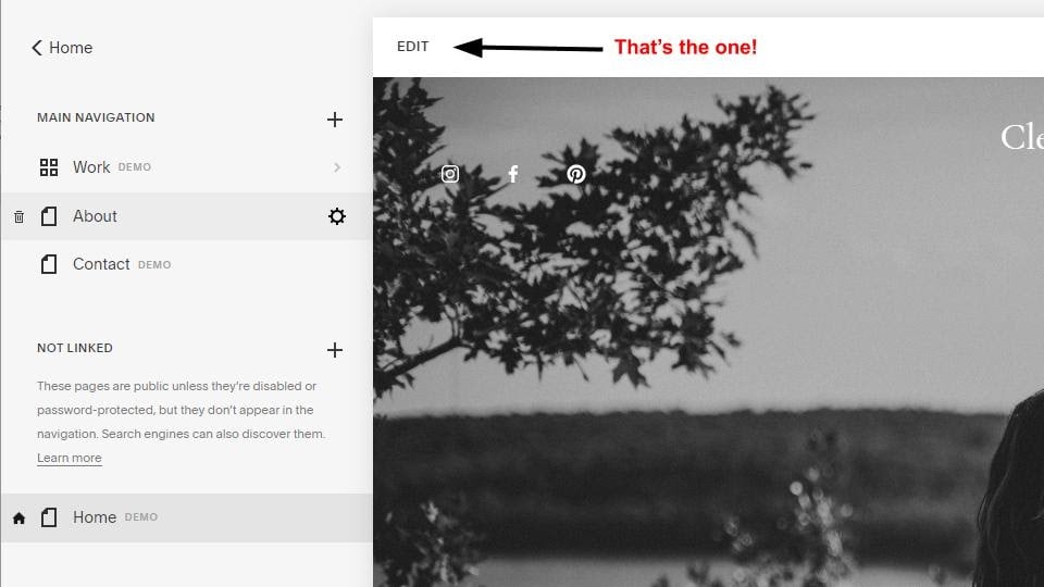 Squarespace page edit button