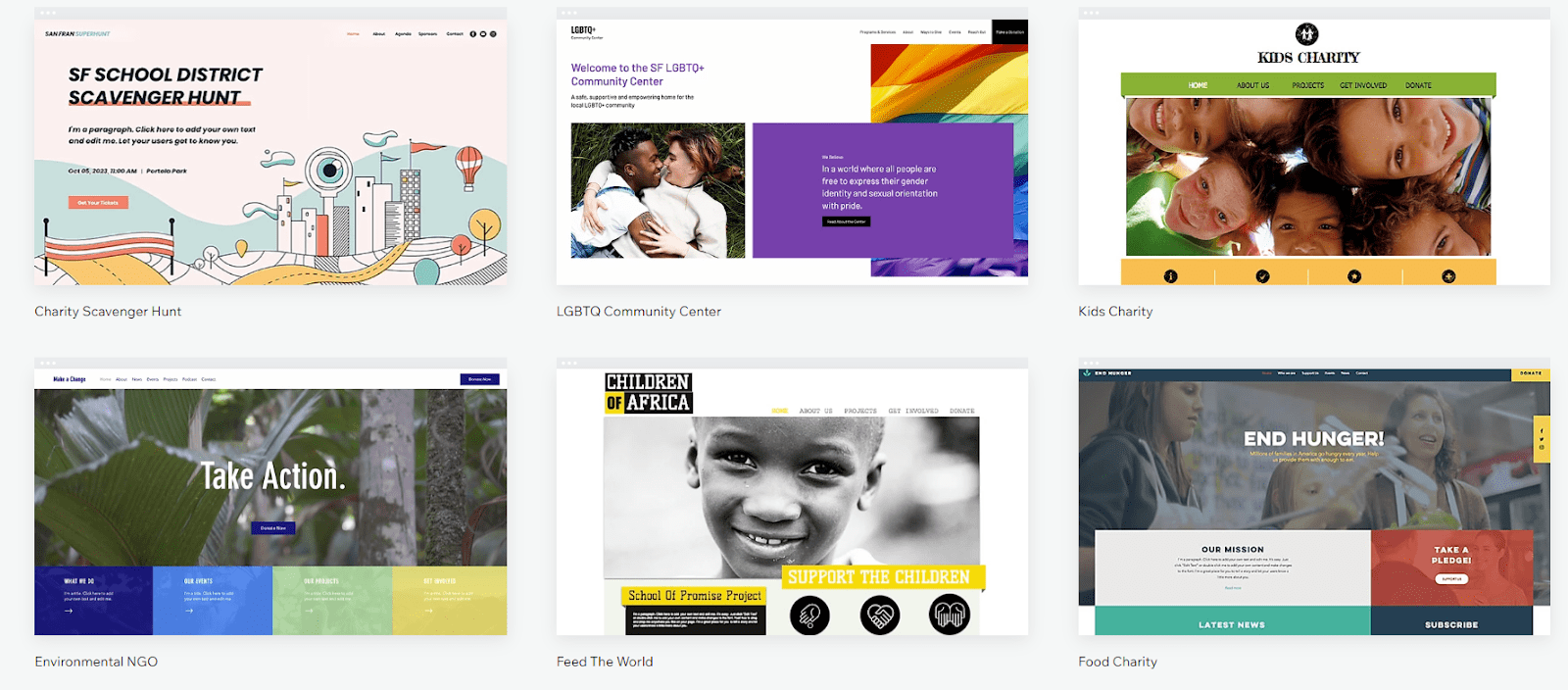 The templates in Wix's nonprofit category.