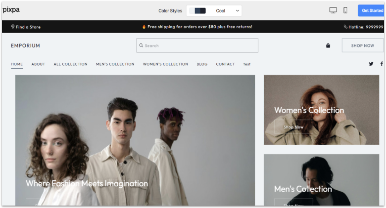Pixpa online store template homepage.