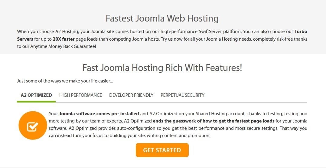 A2 Hosting Joomla features page