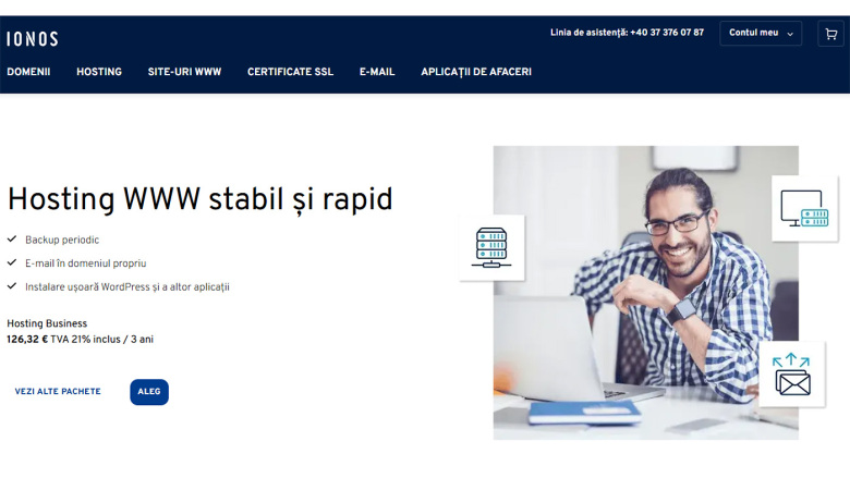 IONOS' web hosting page showing a list of included features