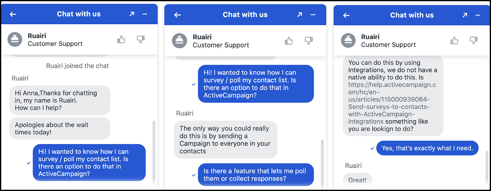 ActiveCampaign support - live chat
