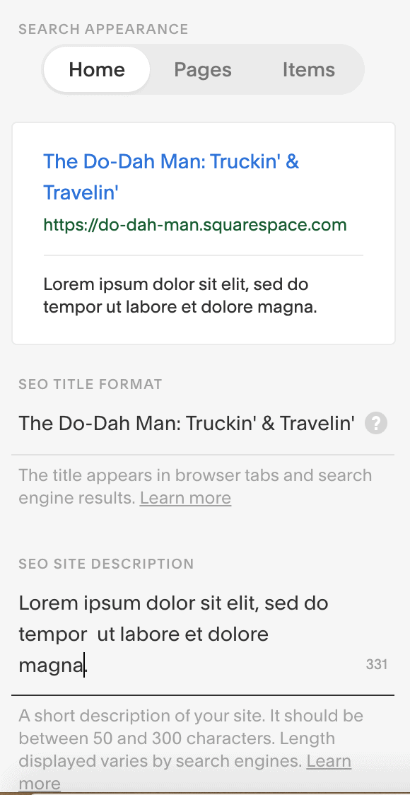 Squarespace SEO page settings
