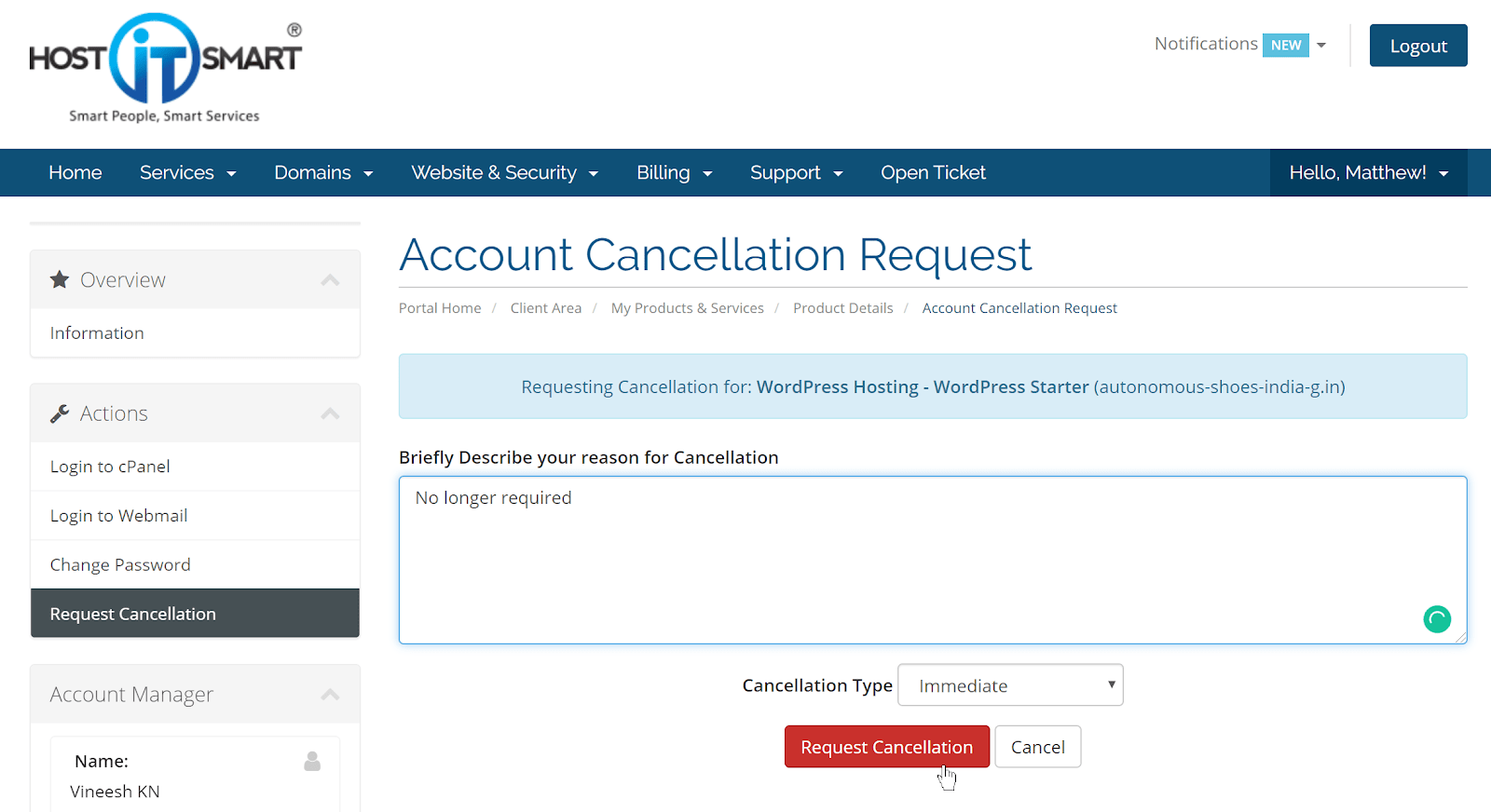 HostItSmart account cancellation screen