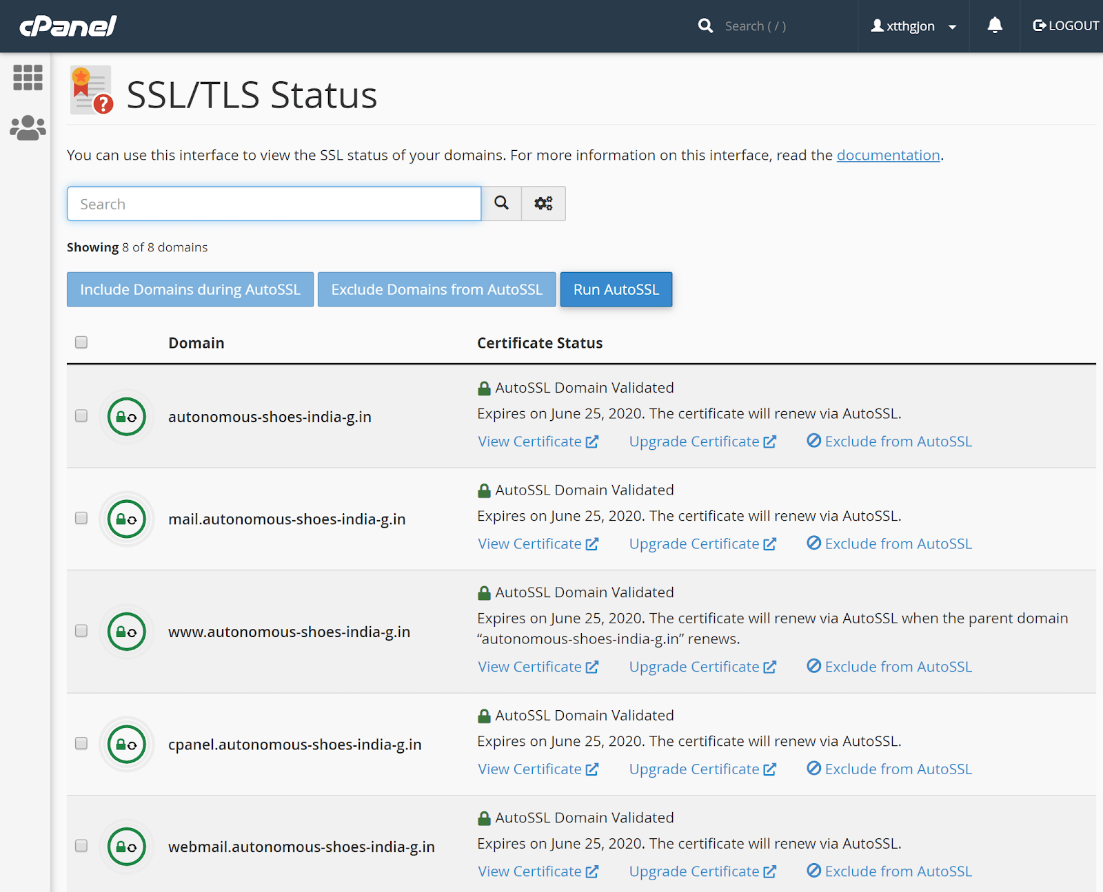 SSL certificate interface