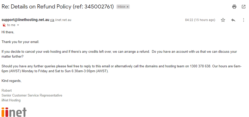email response with refund policy details