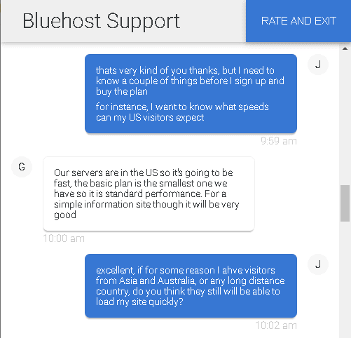 Bluehost customer support chat screen