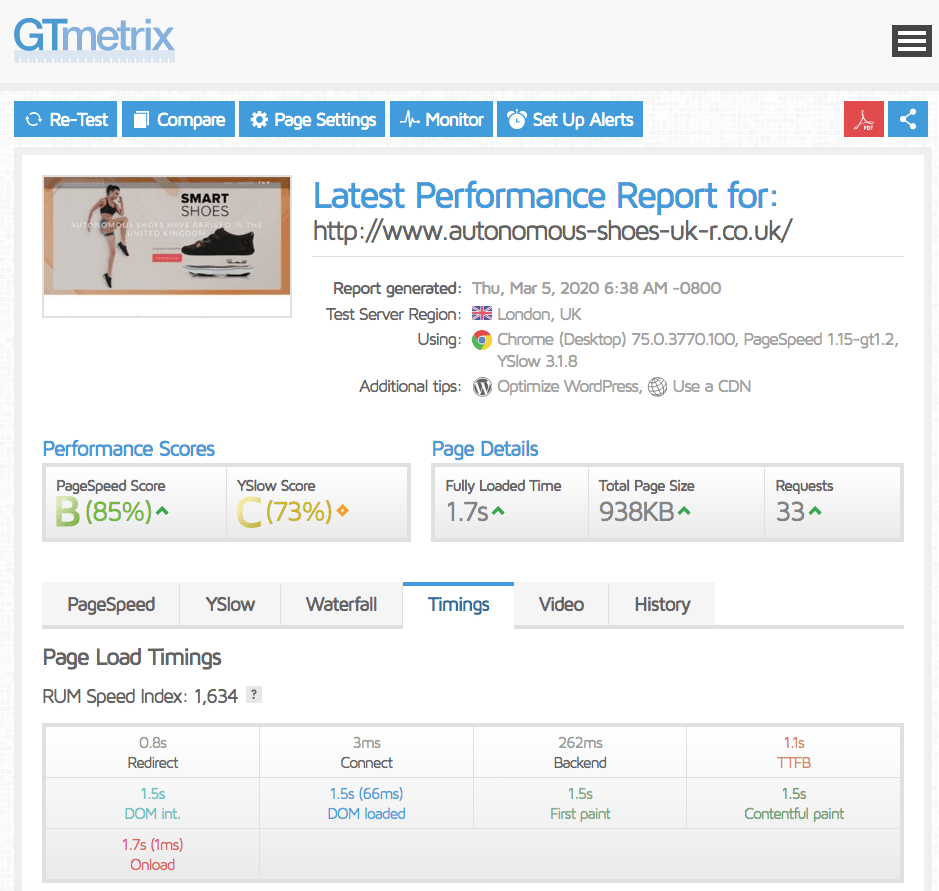 GTmetrix results for Eco Web Hosting