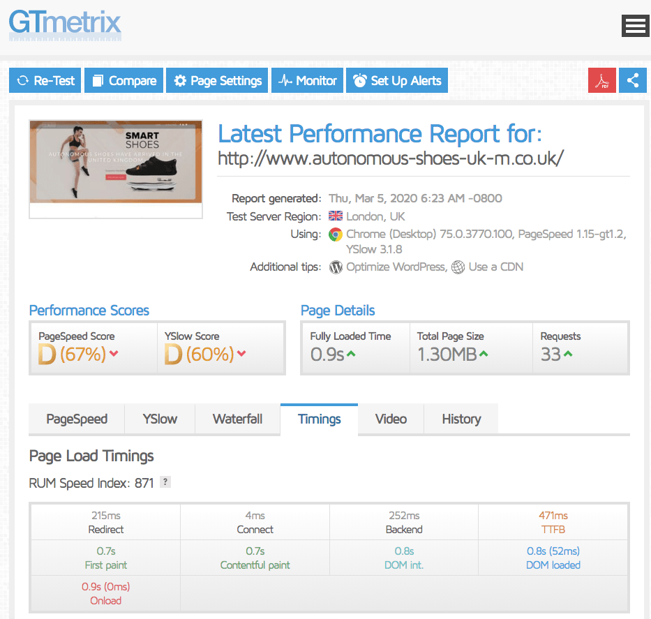 Performance results for Namesco via GTmetrix