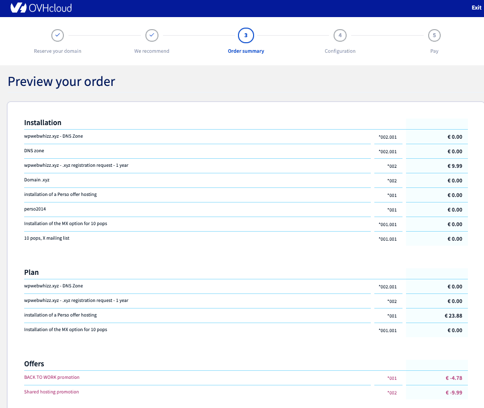 OVHcloud's order summary page
