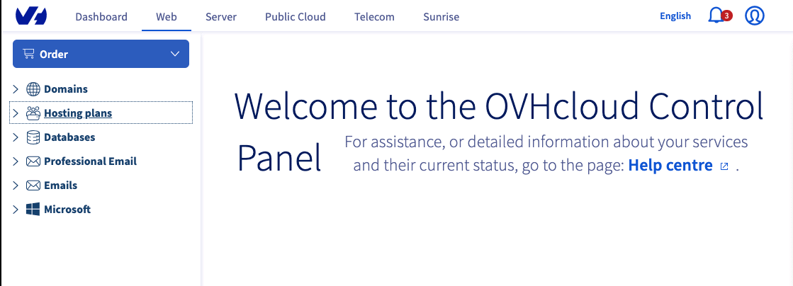 OVHcloud control panel desktop version