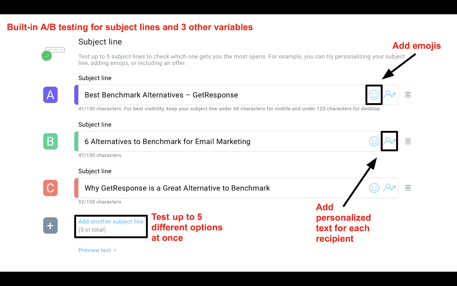 GetResponse A/B testing - subject line