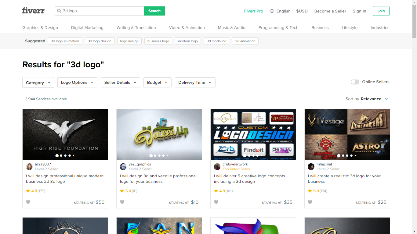 Fiverr screenshot - 3D logo designers