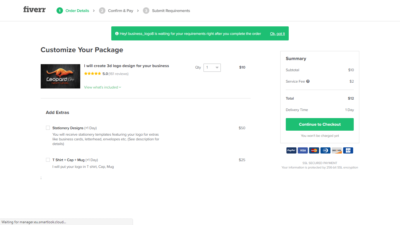 Fiverr screenshot - Continue to Checkout