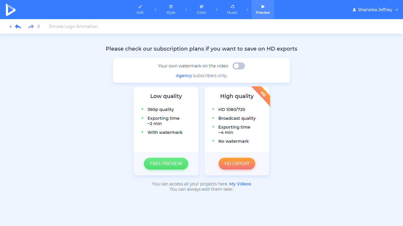 Renderforest screenshot - Preview options