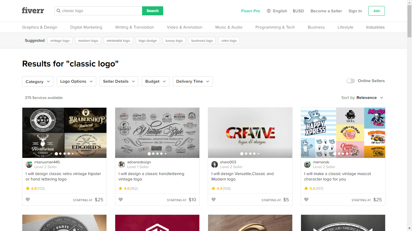 Fiverr screenshot - Classic logo designers