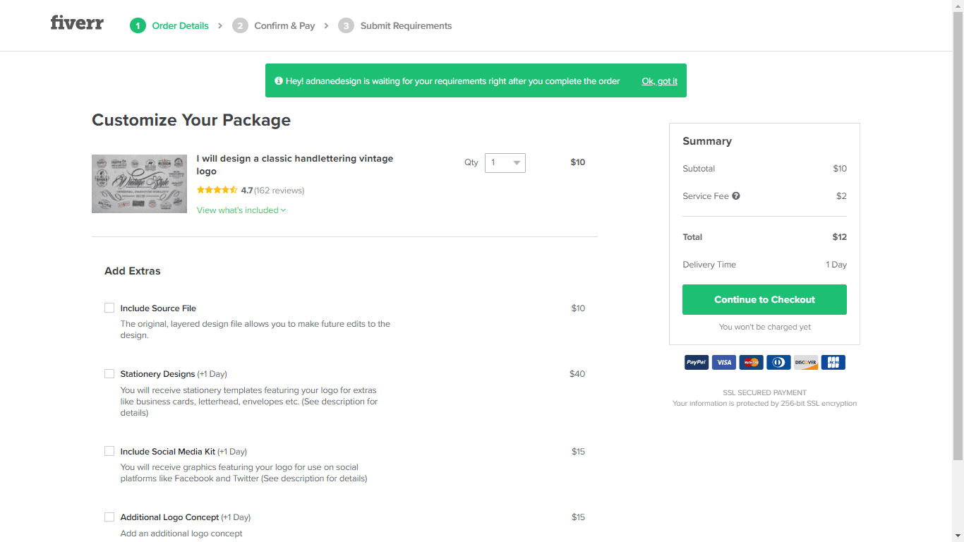 Fiverr screenshot - Continue to Checkout