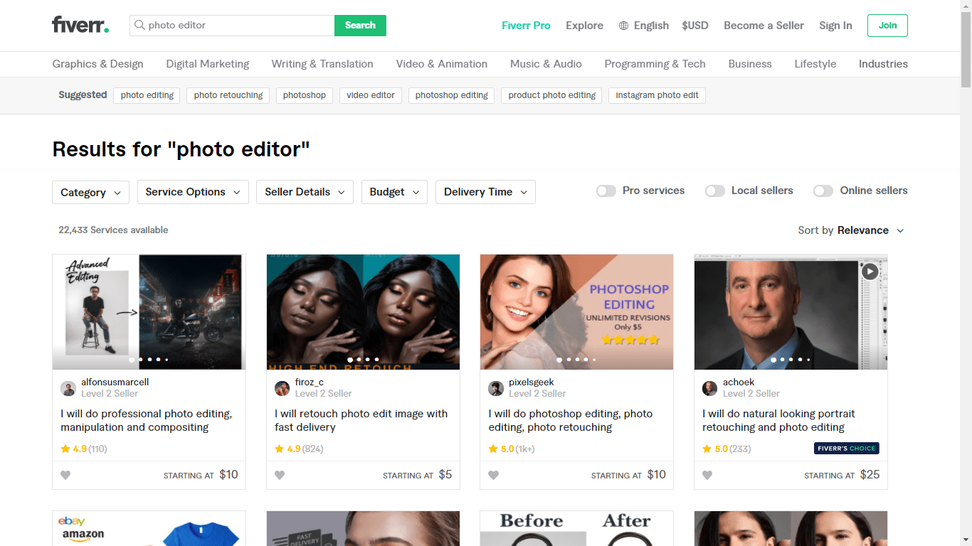 Fiverr screenshot - photo editors