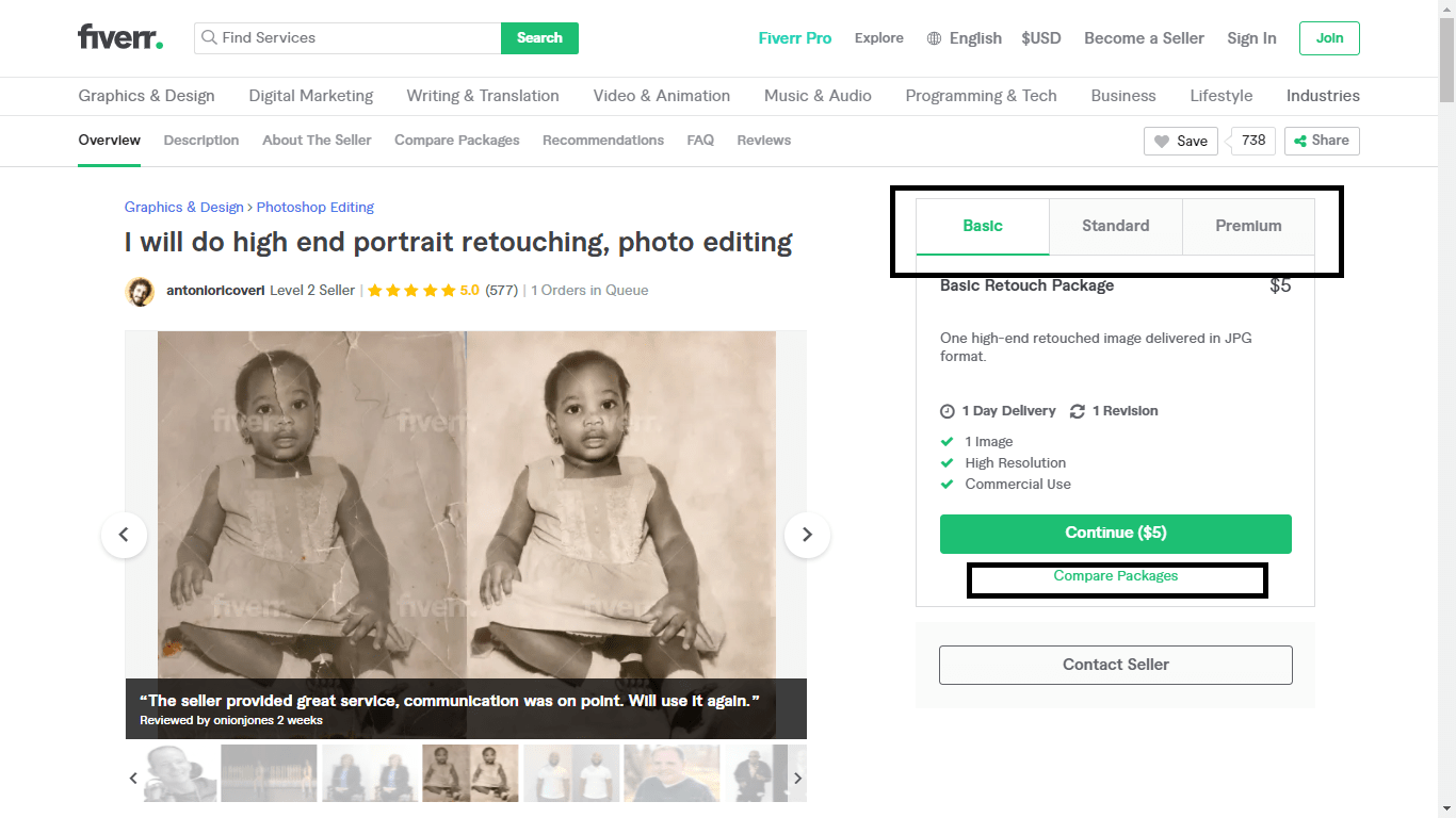 Fiverr screenshot - package tabs and Compare Packages