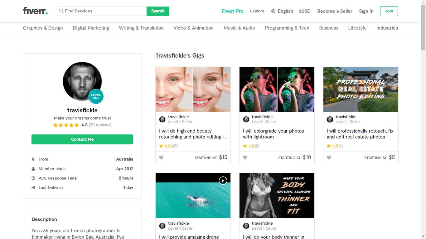 Fiverr screenshot - Travisfickle full profile