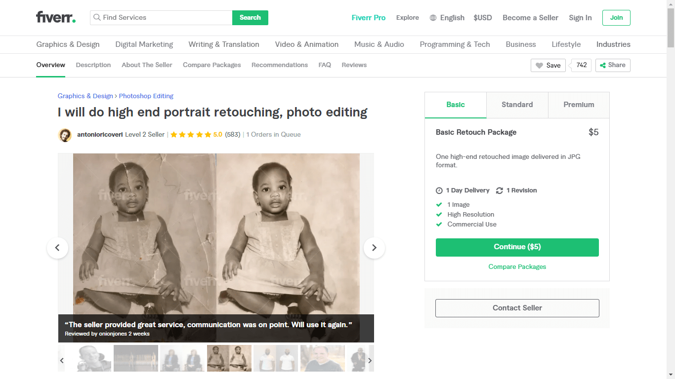 Fiverr screenshot - Antonioricoveri portrait retouching gig