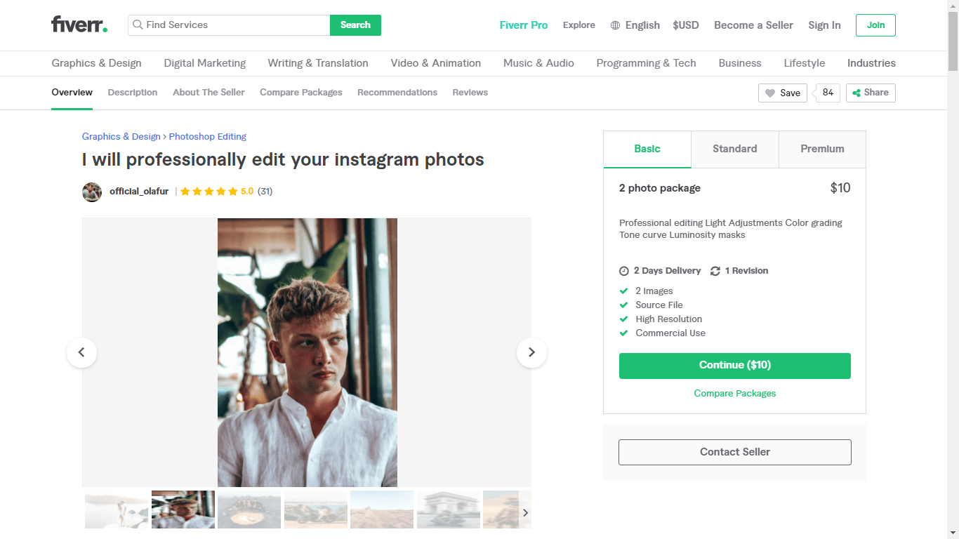 Fiverr screenshot - Official_olafur Instagram photo edit gig