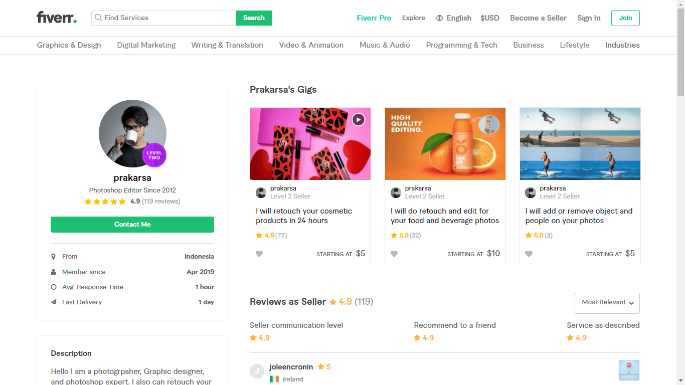 Fiverr screenshot - Prakarsa full profile
