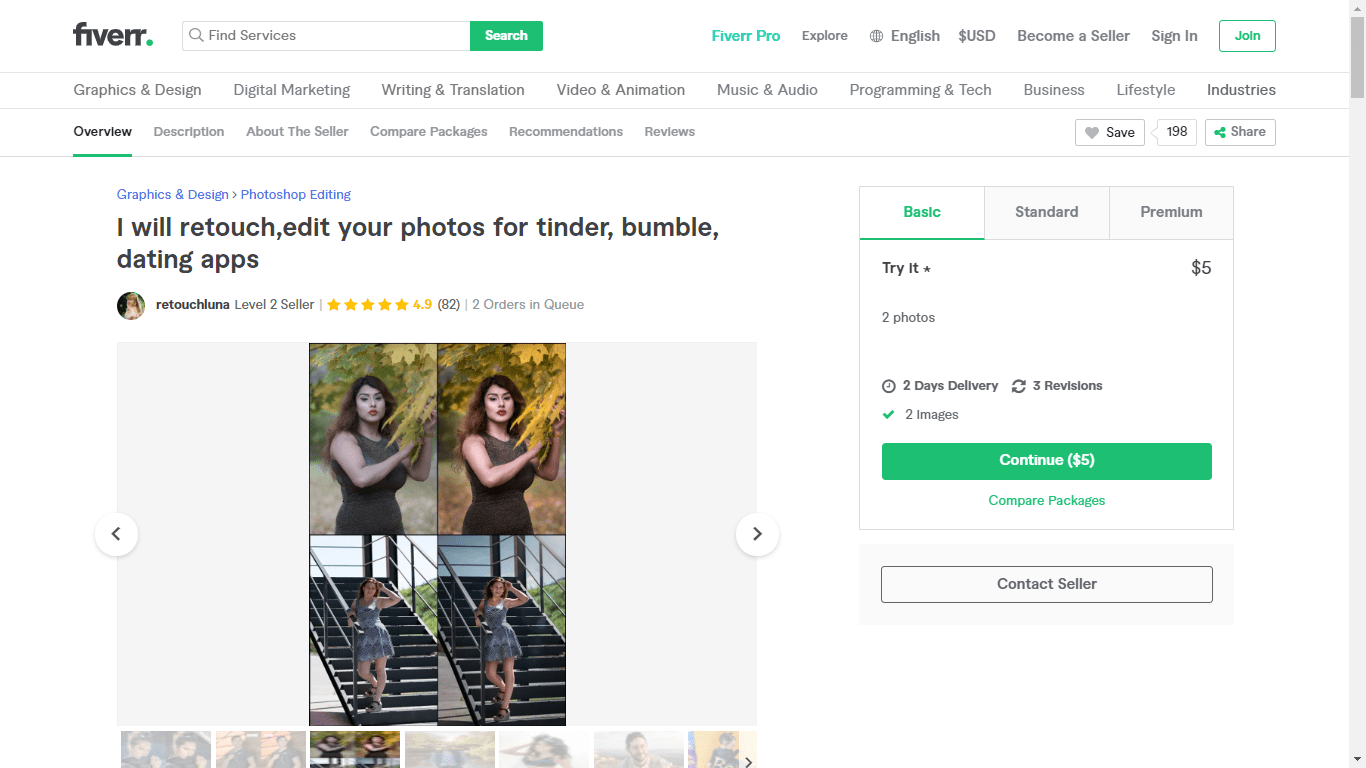 Fiverr screenshot - Retouchluna dating app retouch gig