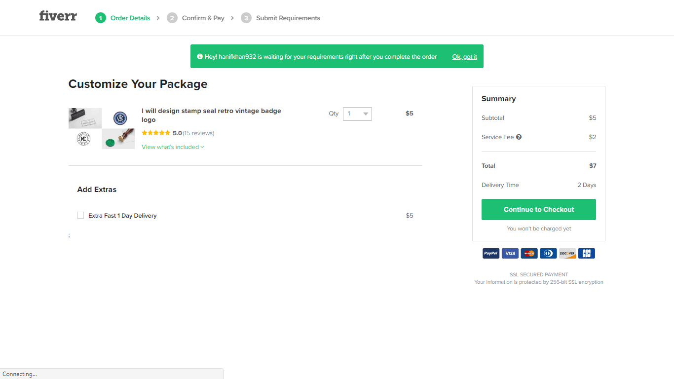 Fiverr screenshot - Order now