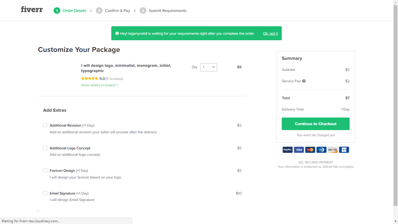 Fiverr screenshot - Continue to Checkout