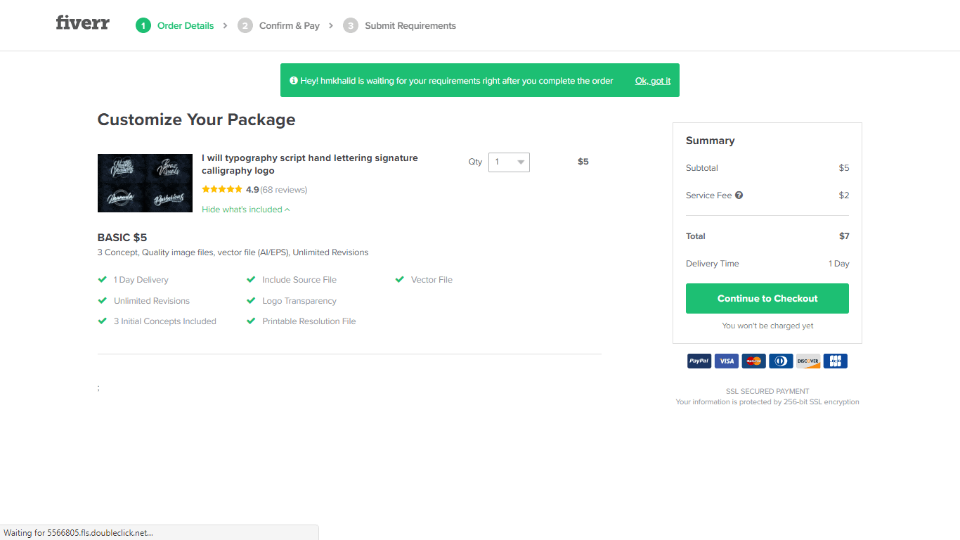 Fiverr screenshot - Continue to Checkout