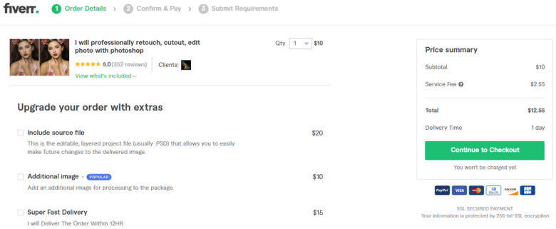 'Order details' page on Fiverr - how to hire a freelance photo editor