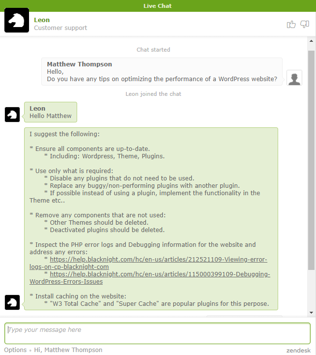 Live chat support from Blacknight
